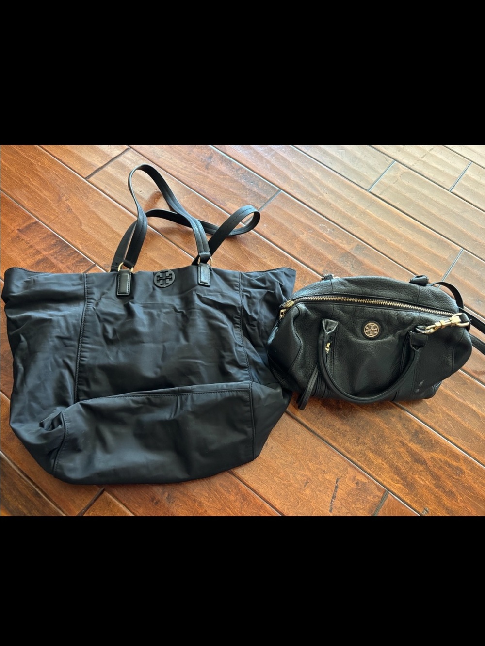 Tory Burch Black Nylon Tote with Black Pebbled Leather Satchel